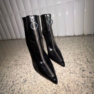 SCHUTZ Black Patent Ankle Boots with Silver Zipper